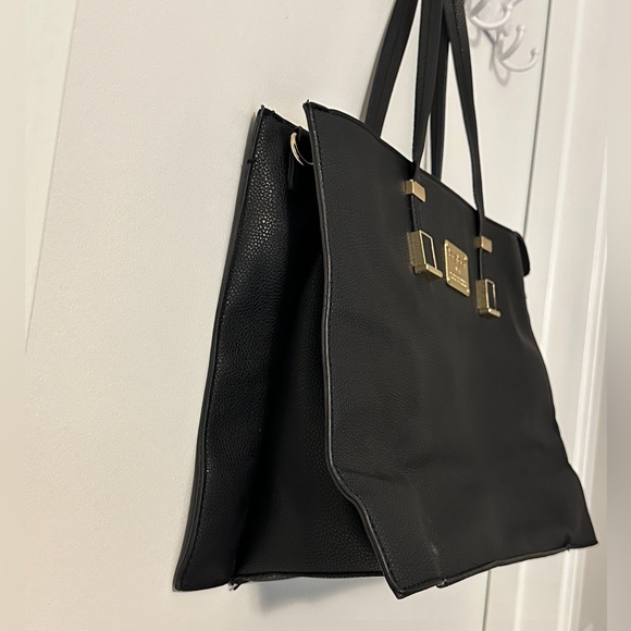Bebe Designer Black Pebble Leather Book Tote Handbag with Gold Hardware - Picture 3 of 7